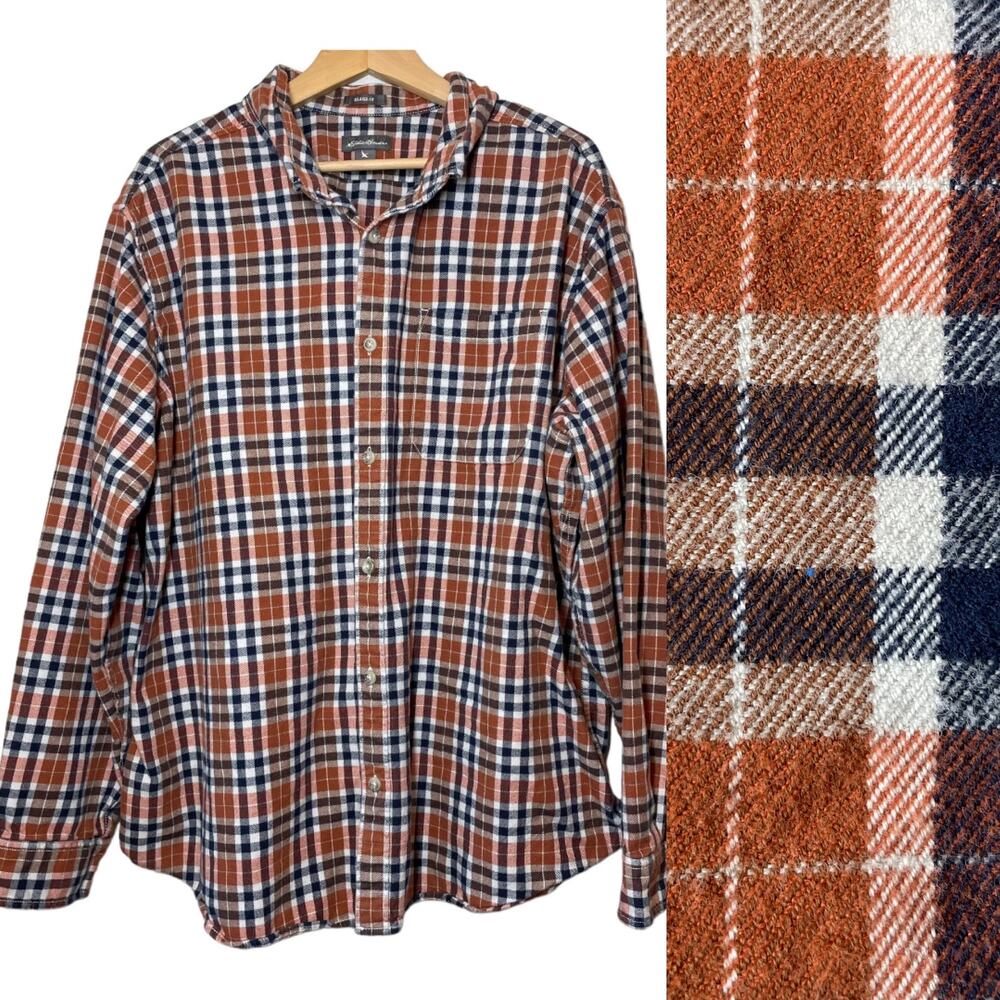 Eddie Bauer 2XL Mens Flannel Button Down Shirt Orange Navy Blue
